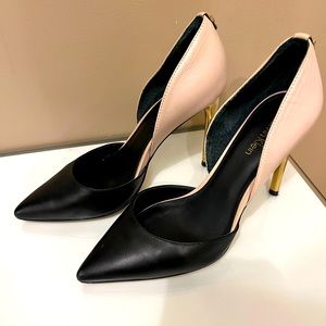 Calvin Klein, 4” Heels, Black and white with gold stiletto, size 7